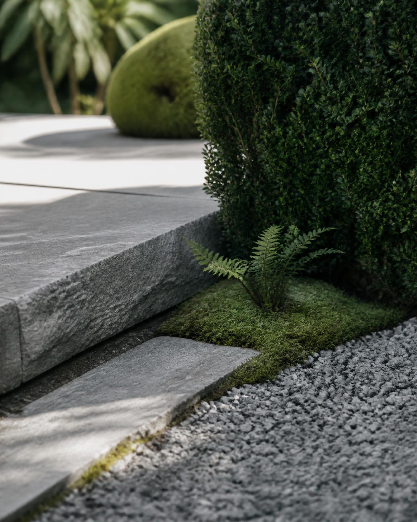 Detail of a stone step meeting gravel and clipped hedging