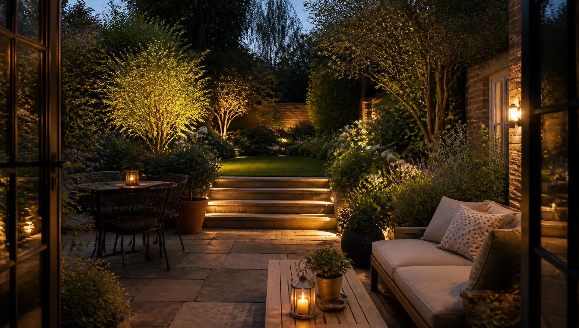 Garden terrace at dusk with soft lighting and seating