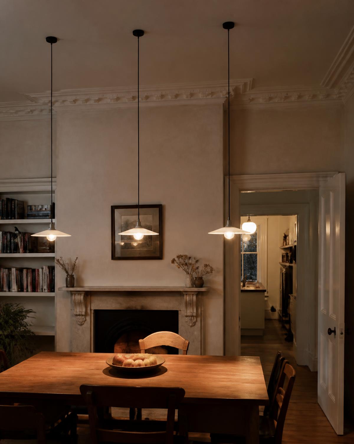 Three pendant lights above a dining table in a London period home