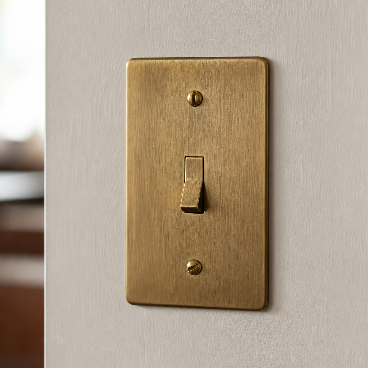 Brushed brass light switch plate on a painted wall