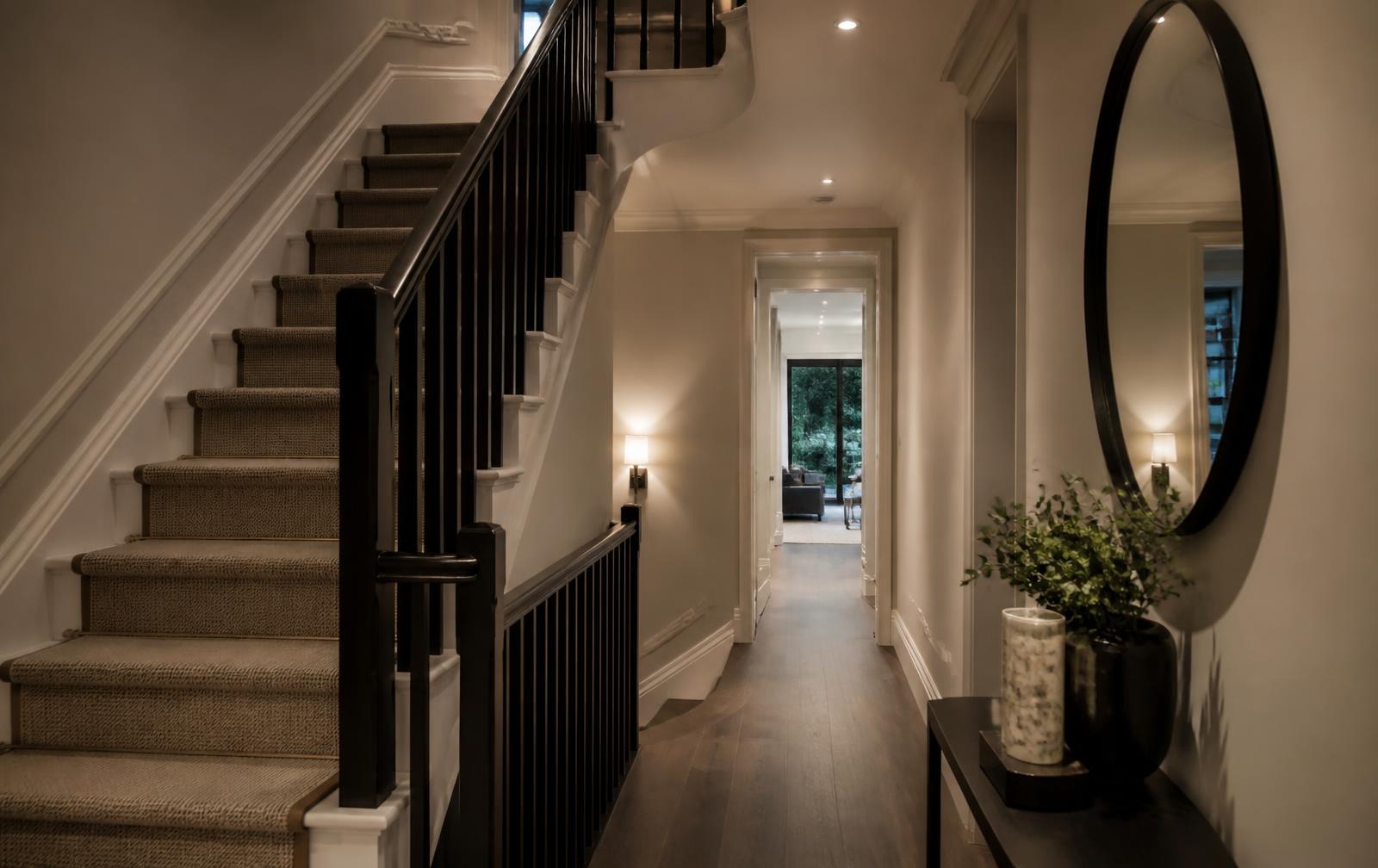 Hallway and staircase of a rewired London townhouse with discreet recessed lighting