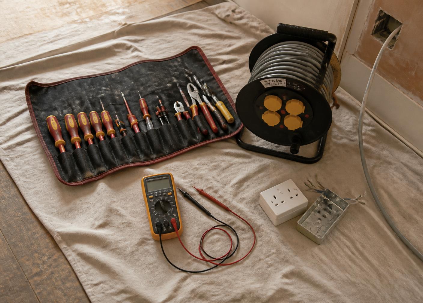 Electrician's tool roll, cable reel and multimeter laid out on a dust sheet