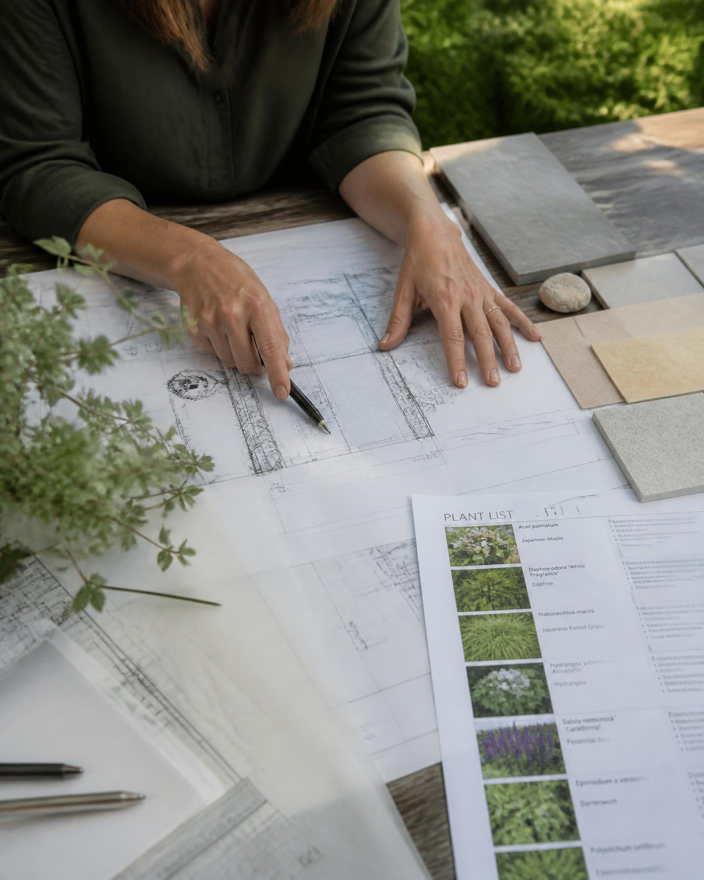 Garden design drawings, material samples and a planting list on a timber table