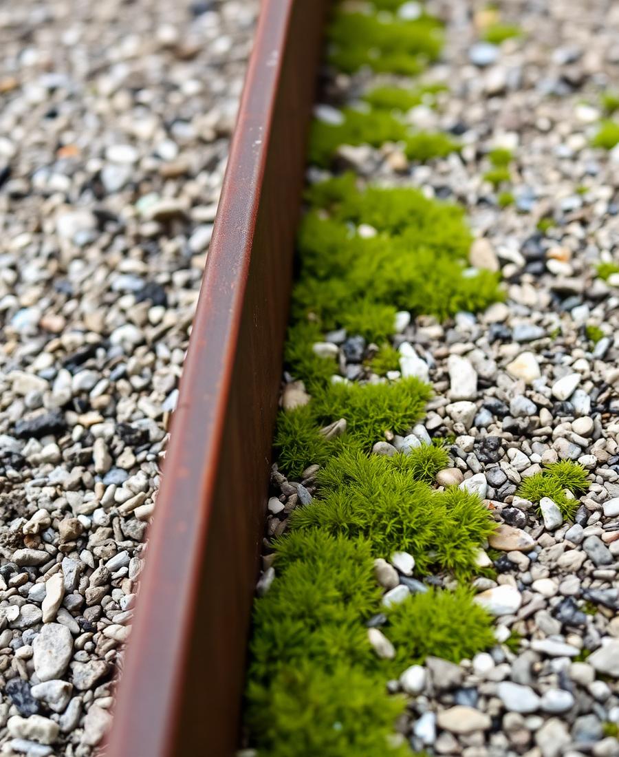 Close-up of corten steel edging beside gravel