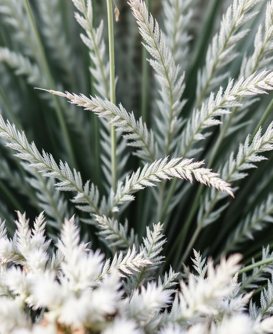 Close-up of textured grasses and silver foliage