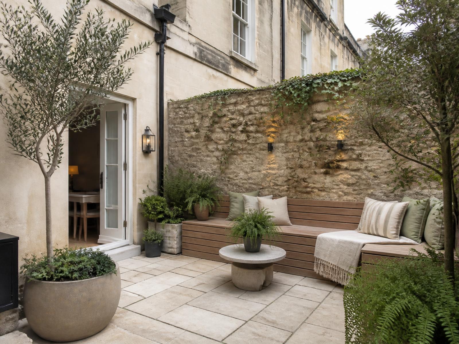 Compact townhouse terrace concept with stone paving and built-in bench