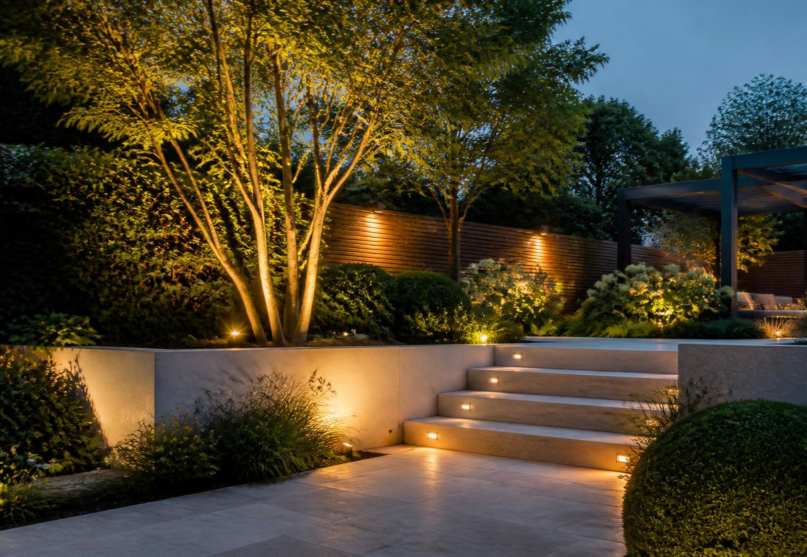 Garden at dusk with warm uplighting on trees and steps