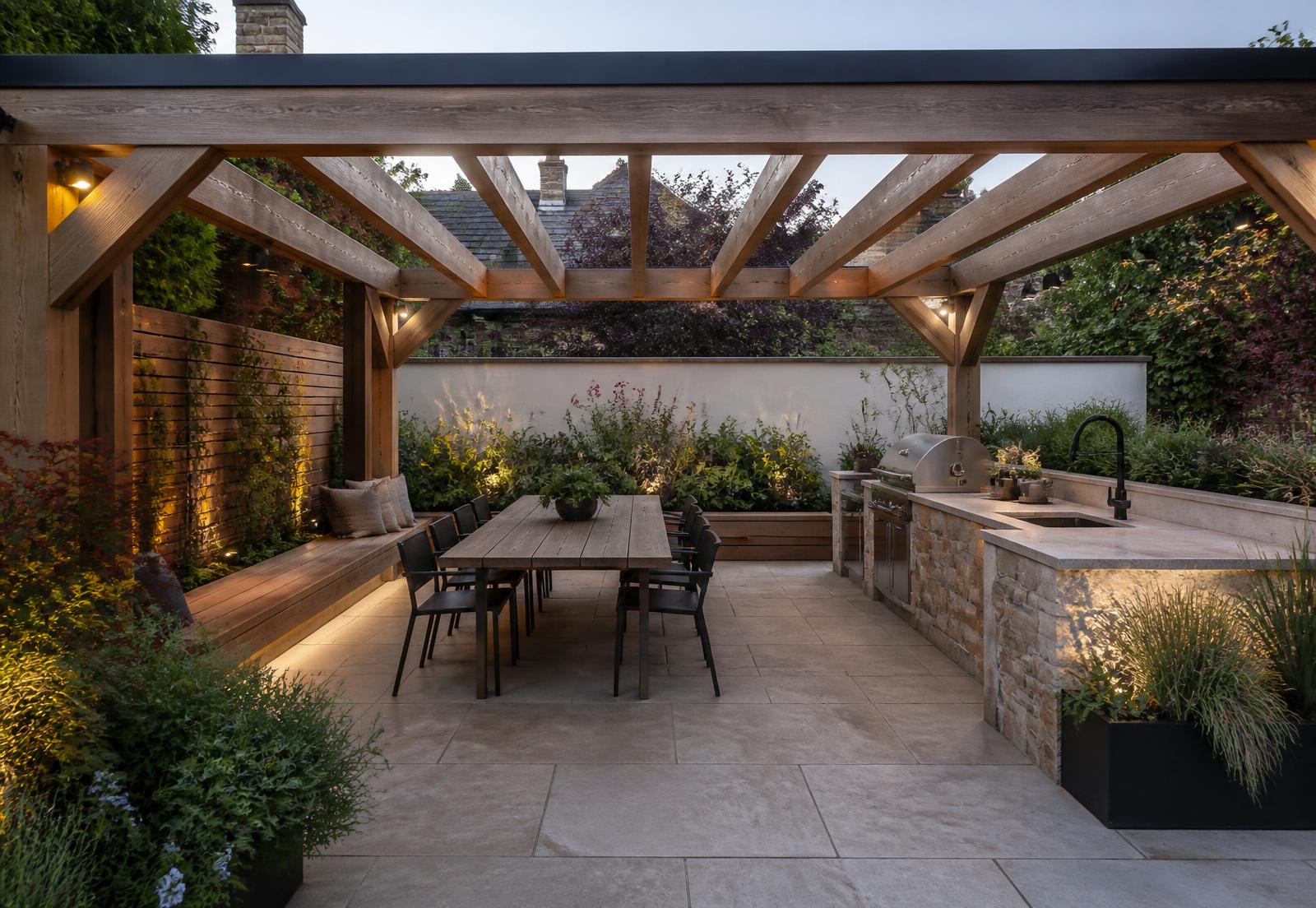 Oak pergola over an outdoor dining area and stone outdoor kitchen