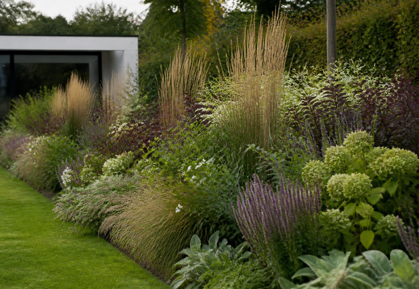 Layered perennial planting border with ornamental grasses