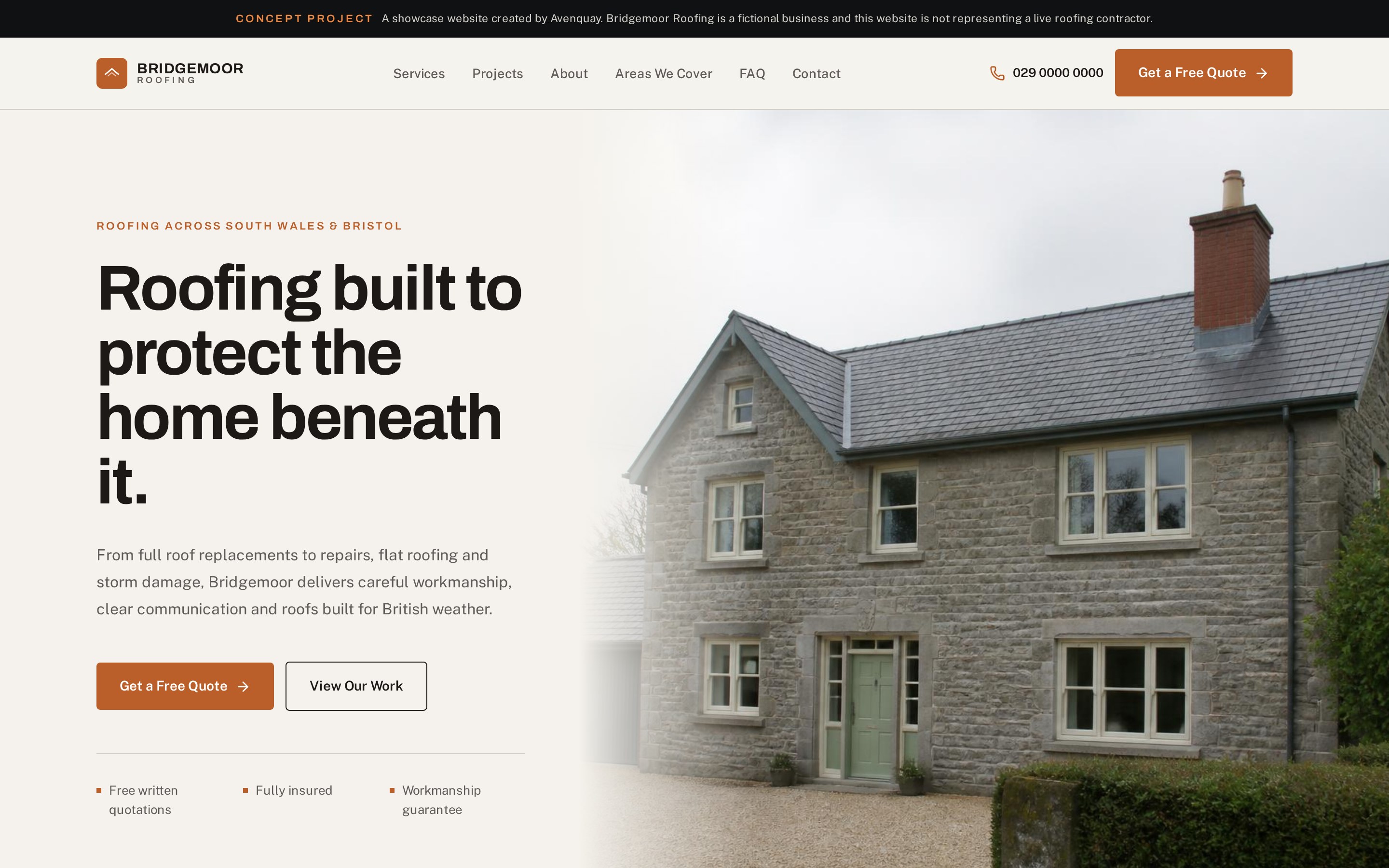 Bridgemoor Roofing concept website homepage