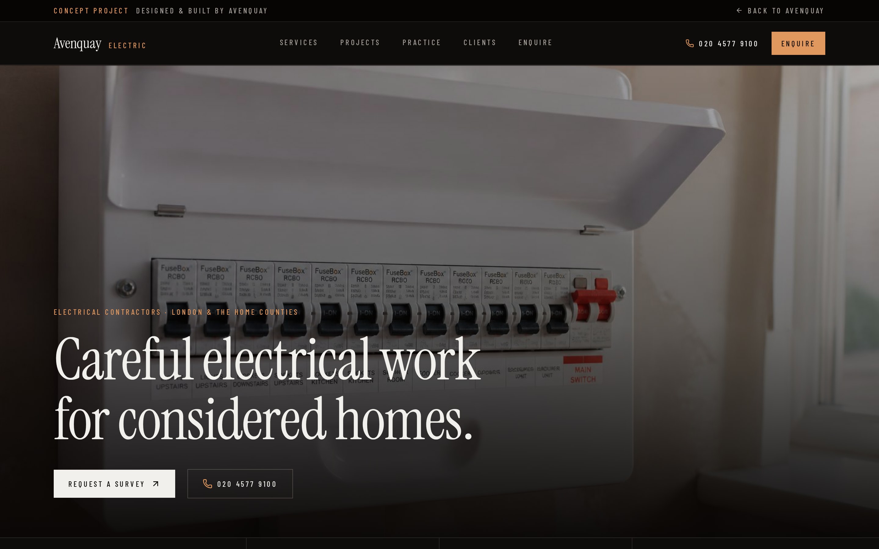 Avenquay Electric concept website homepage
