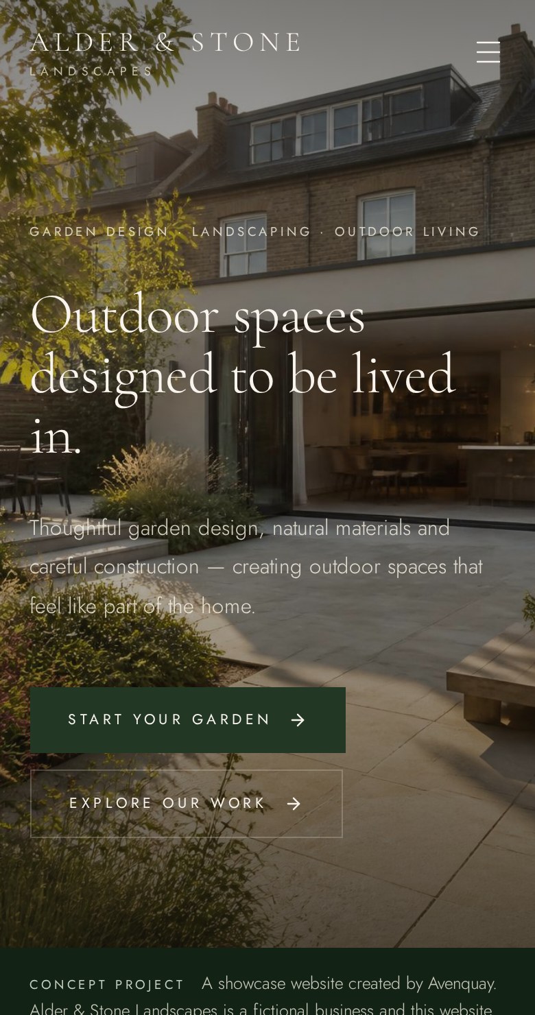 Alder & Stone Landscapes concept website on mobile