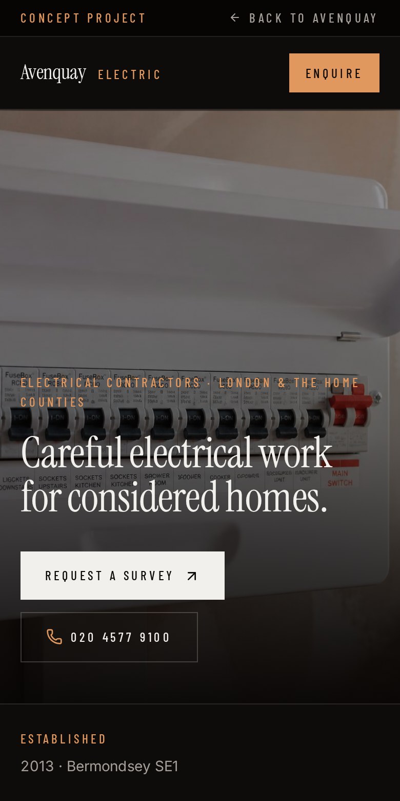 Avenquay Electric concept website on mobile