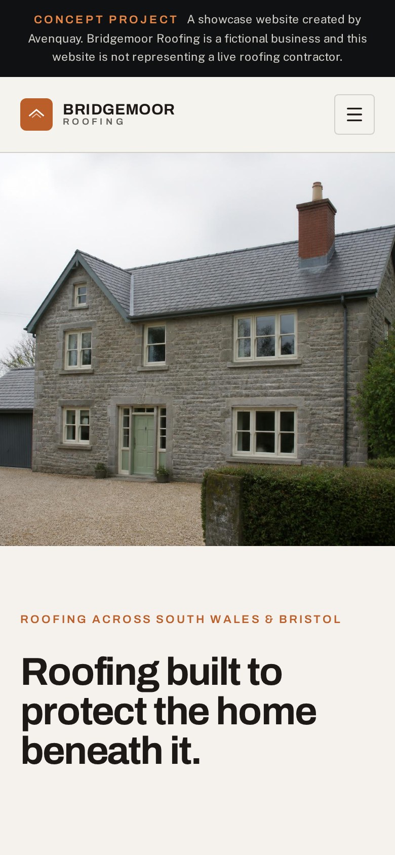 Bridgemoor Roofing concept website on mobile